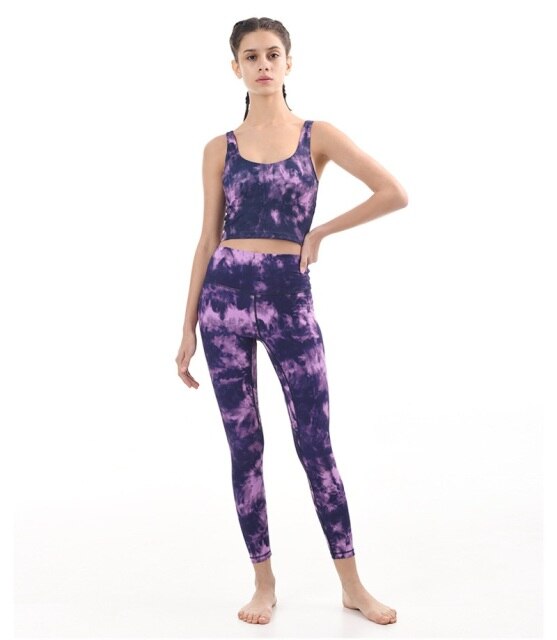 2Pcs Tie Dye Yoga Set High Waist Workout Leggings+ Seamless Stretch Top