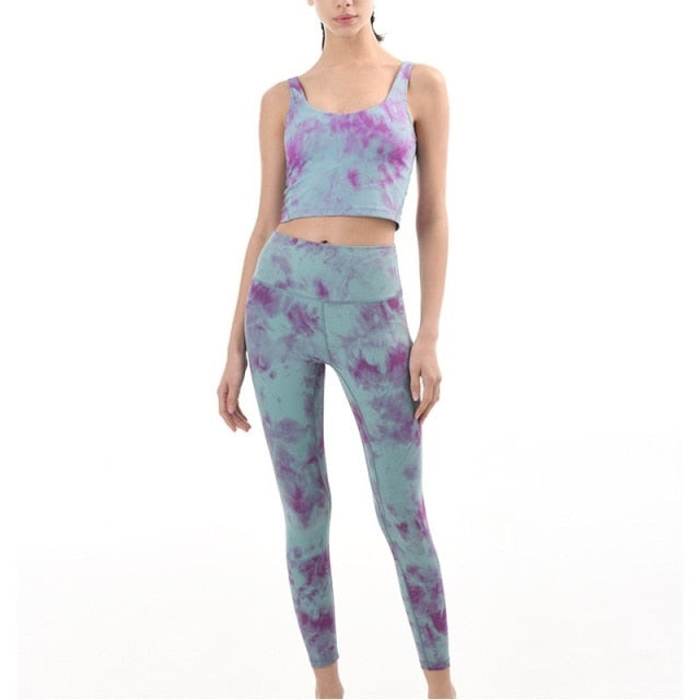 2Pcs Tie Dye Yoga Set High Waist Workout Leggings+ Seamless Stretch Top