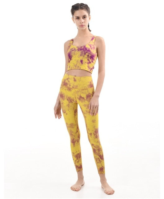 2Pcs Tie Dye Yoga Set High Waist Workout Leggings+ Seamless Stretch Top