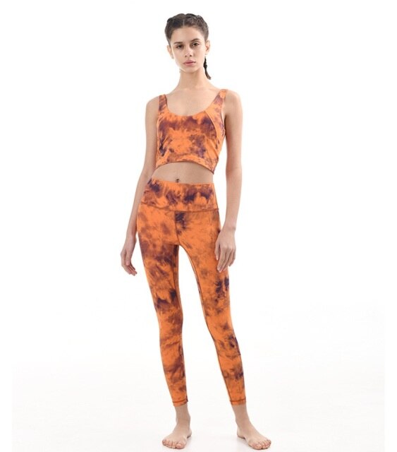 2Pcs Tie Dye Yoga Set High Waist Workout Leggings+ Seamless Stretch Top