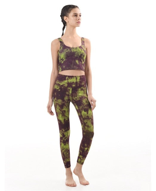 2Pcs Tie Dye Yoga Set High Waist Workout Leggings+ Seamless Stretch Top