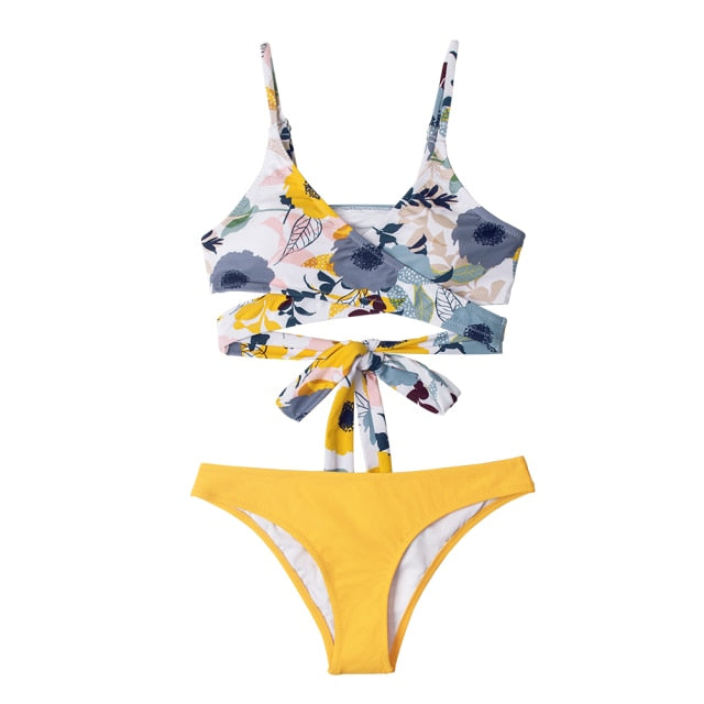 Wrap Low-waist Bikini Sets  in Yellow Floral