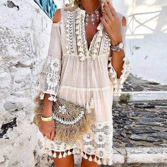 Hollow Out Off Shoulder Summer Dress with Lace and Tassel details