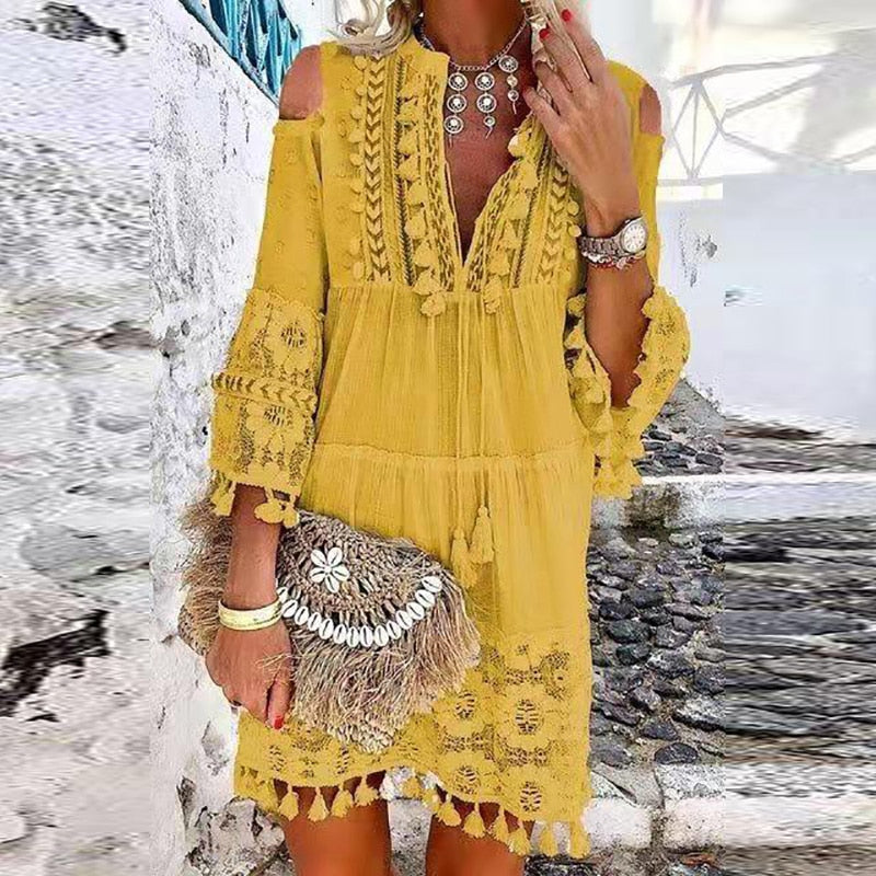 Hollow Out Off Shoulder Summer Dress with Lace and Tassel details
