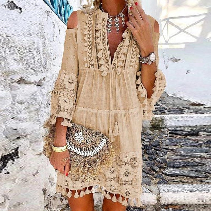 Hollow Out Off Shoulder Summer Dress with Lace and Tassel details