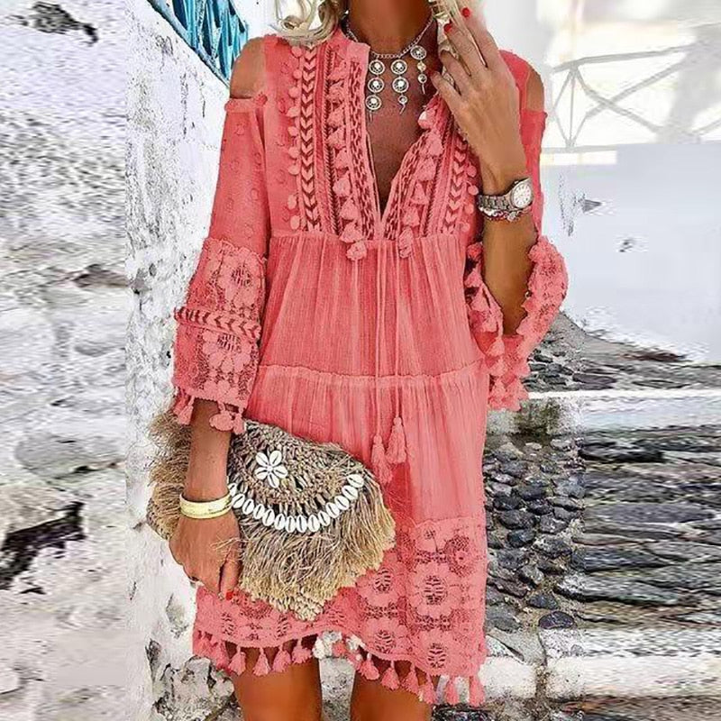 Hollow Out Off Shoulder Summer Dress with Lace and Tassel details