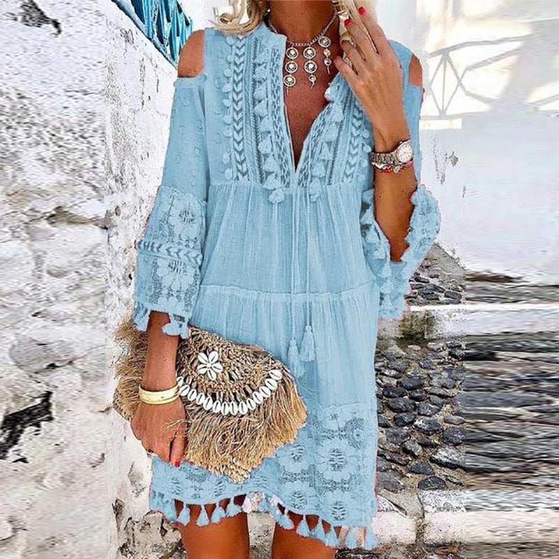 Hollow Out Off Shoulder Summer Dress with Lace and Tassel details