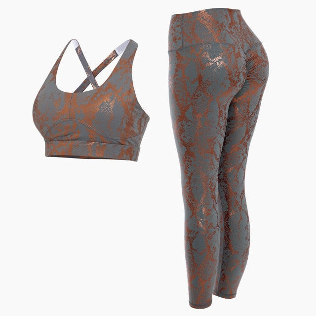 Metallic Snakeskin 2-Piece Set | High-Waist Leggings & Sports Bra | UStico