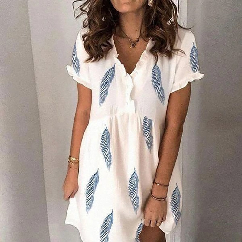 Summer Beach Dress with Feather Print