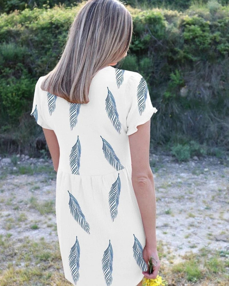 Summer Beach Dress with Feather Print