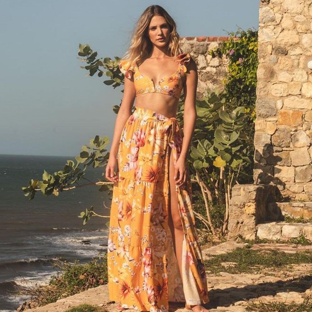 Mustard & Floral Bikini Set with Matching Cover-Up Sarong – 3-Piece Beach Set