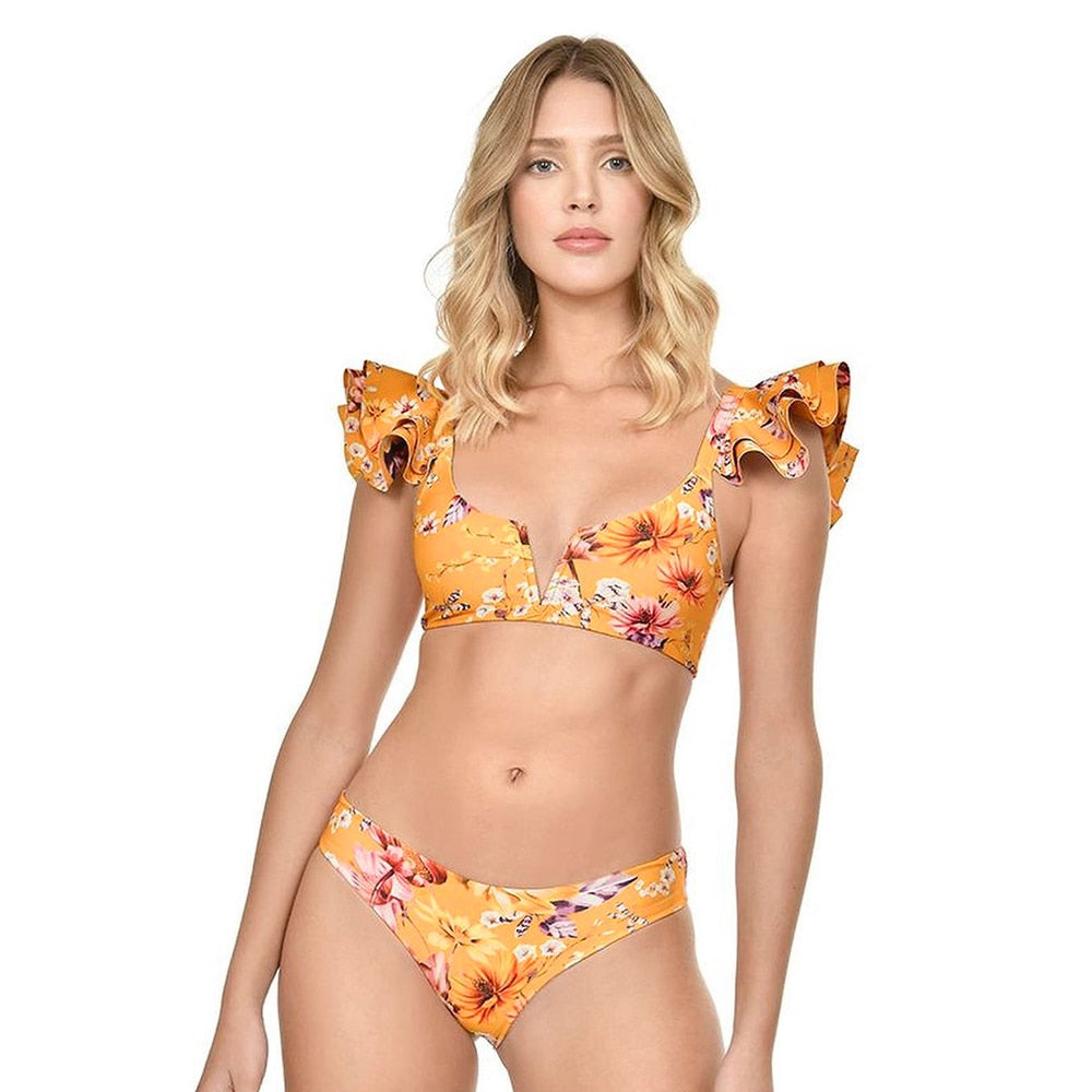 Mustard & Floral Bikini Set with Matching Cover-Up Sarong – 3-Piece Beach Set
