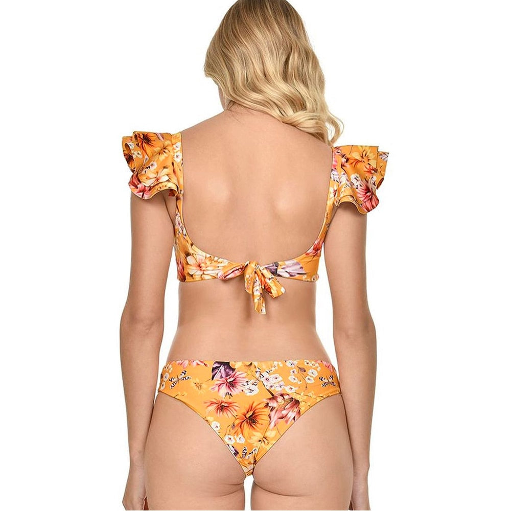 Mustard & Floral Bikini Set with Matching Cover-Up Sarong – 3-Piece Beach Set