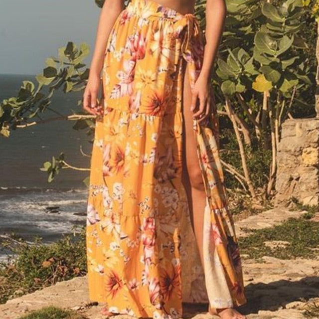 Mustard & Floral Bikini Set with Matching Cover-Up Sarong – 3-Piece Beach Set