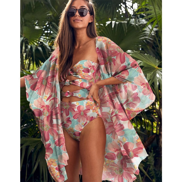 Floral Cut-Out Swimsuit with Matching Cover-Up | Tropical Beach Set | UStico
