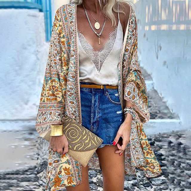 Women’s Open Front Bohemian Floral Printed Short Kimono