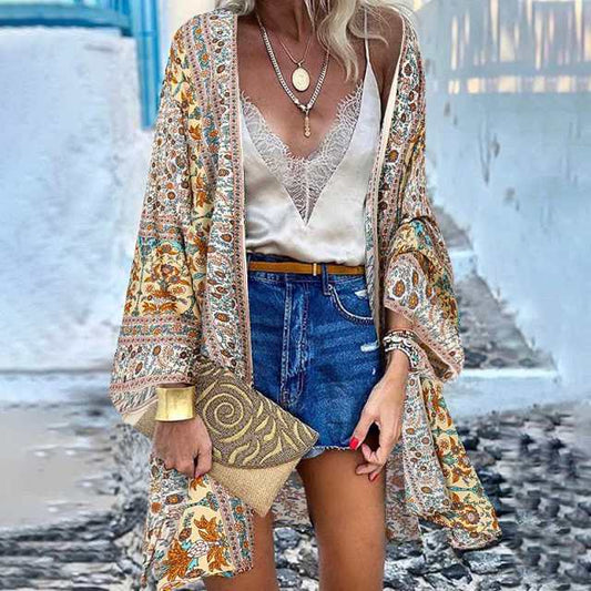 Women’s Open Front Bohemian Floral Printed Short Kimono