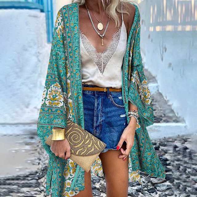 Women’s Open Front Bohemian Floral Printed Short Kimono