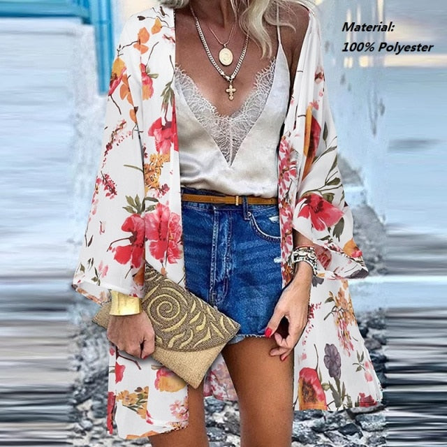 Women’s Open Front Bohemian Floral Printed Short Kimono