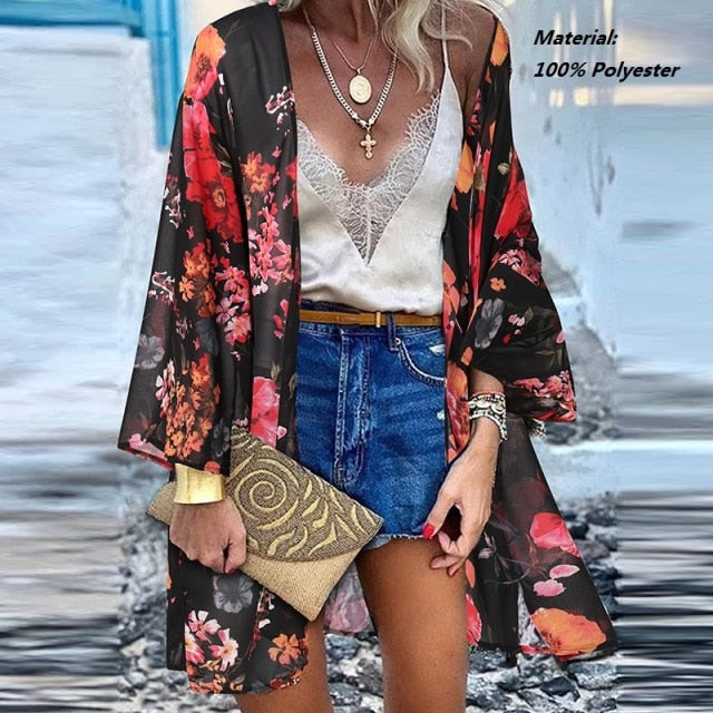 Women’s Open Front Bohemian Floral Printed Short Kimono