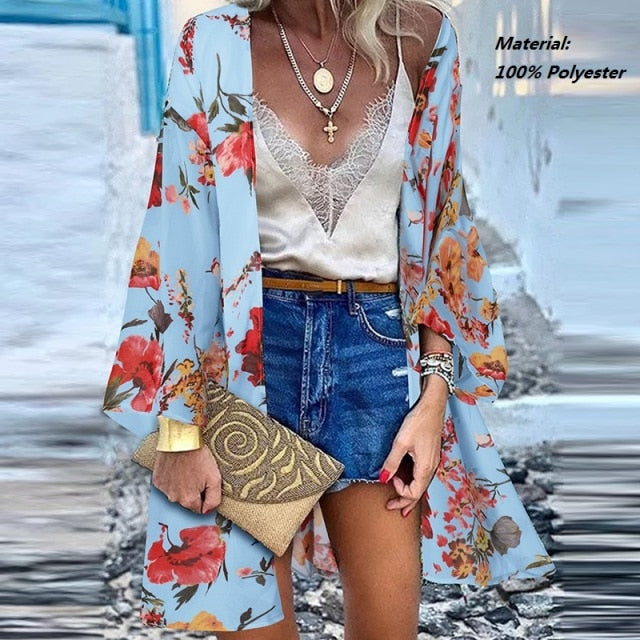 Women’s Open Front Bohemian Floral Printed Short Kimono