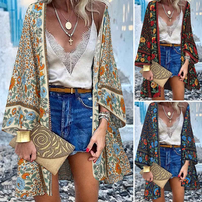 Women’s Open Front Bohemian Floral Printed Short Kimono