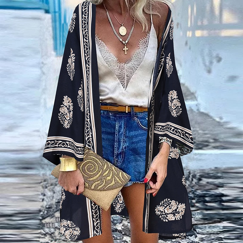 Women’s Open Front Bohemian Floral Printed Short Kimono