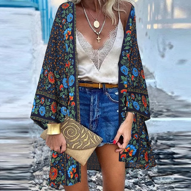 Women’s Open Front Bohemian Floral Printed Short Kimono