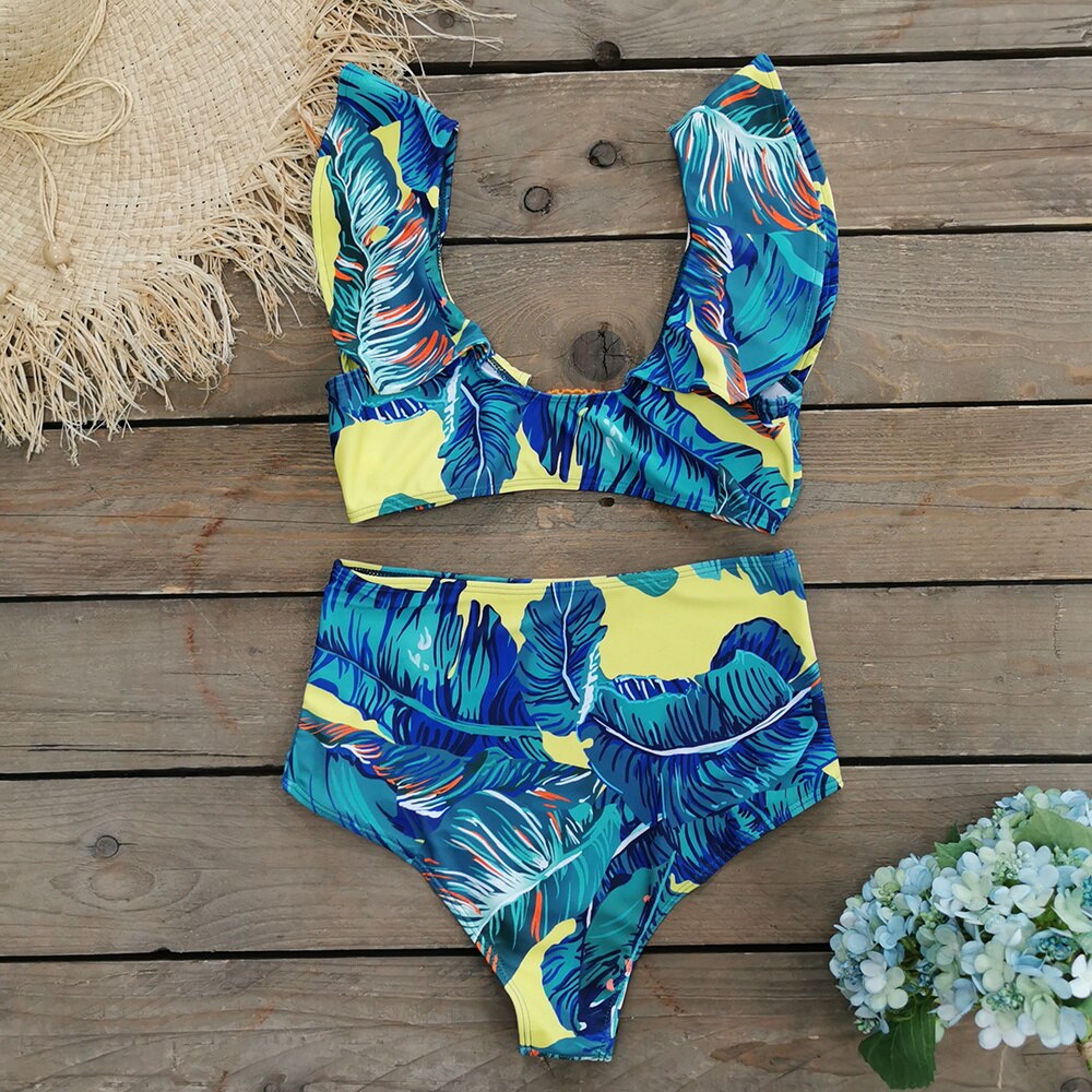 High Waist Bikini Set with Floral Print and Ruffled Top