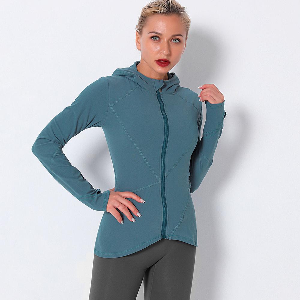 Women Long Sleeve Hooded Fitness Top with Elastic Thumb Hole