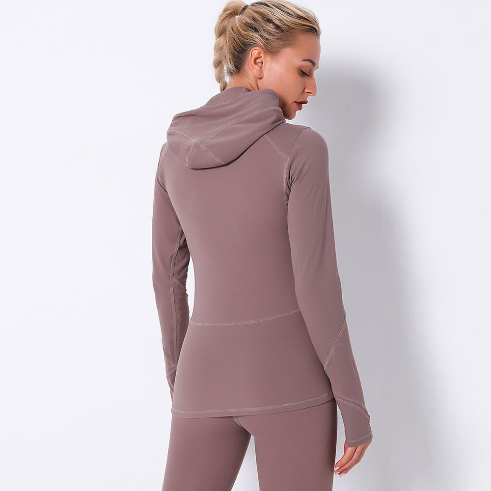 Women Long Sleeve Hooded Fitness Top with Elastic Thumb Hole