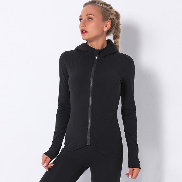 Women Long Sleeve Hooded Fitness Top with Elastic Thumb Hole