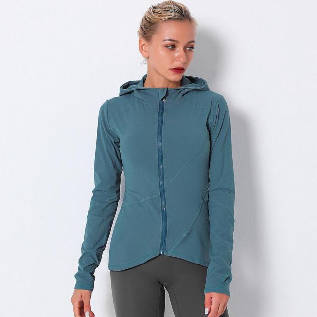 Women Long Sleeve Hooded Fitness Top with Elastic Thumb Hole