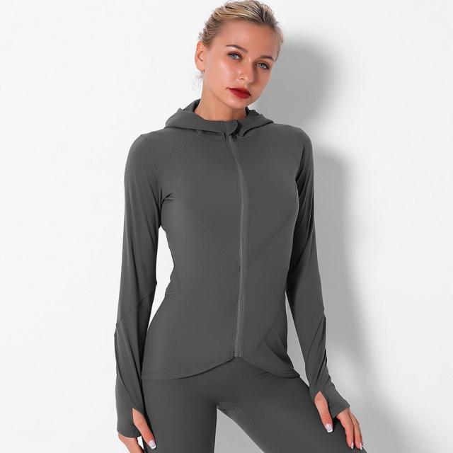 Women Long Sleeve Hooded Fitness Top with Elastic Thumb Hole