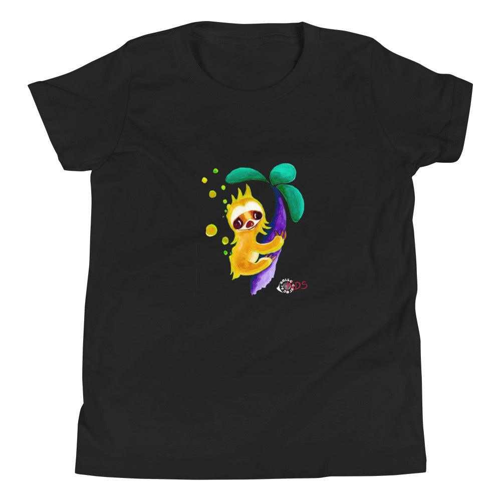 Kids short sleeve T-shirt in black cotton with a colorful sloth illustration on the front, SC Kids Collection