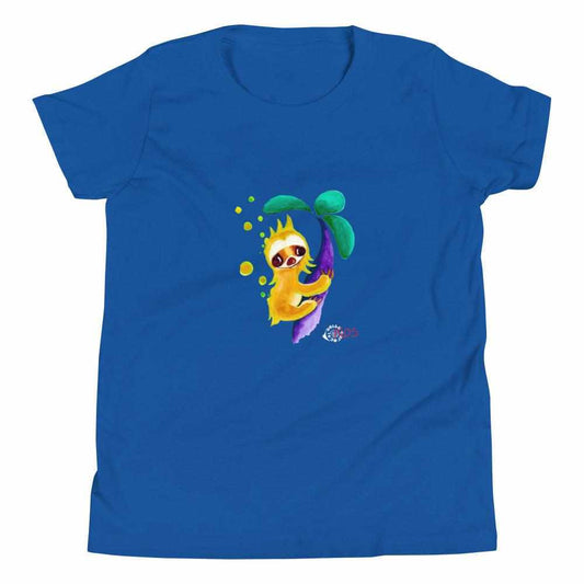 SC Kids Collection youth short sleeve T-shirt in royal blue cotton, featuring a colorful cartoon sloth hanging from a branch