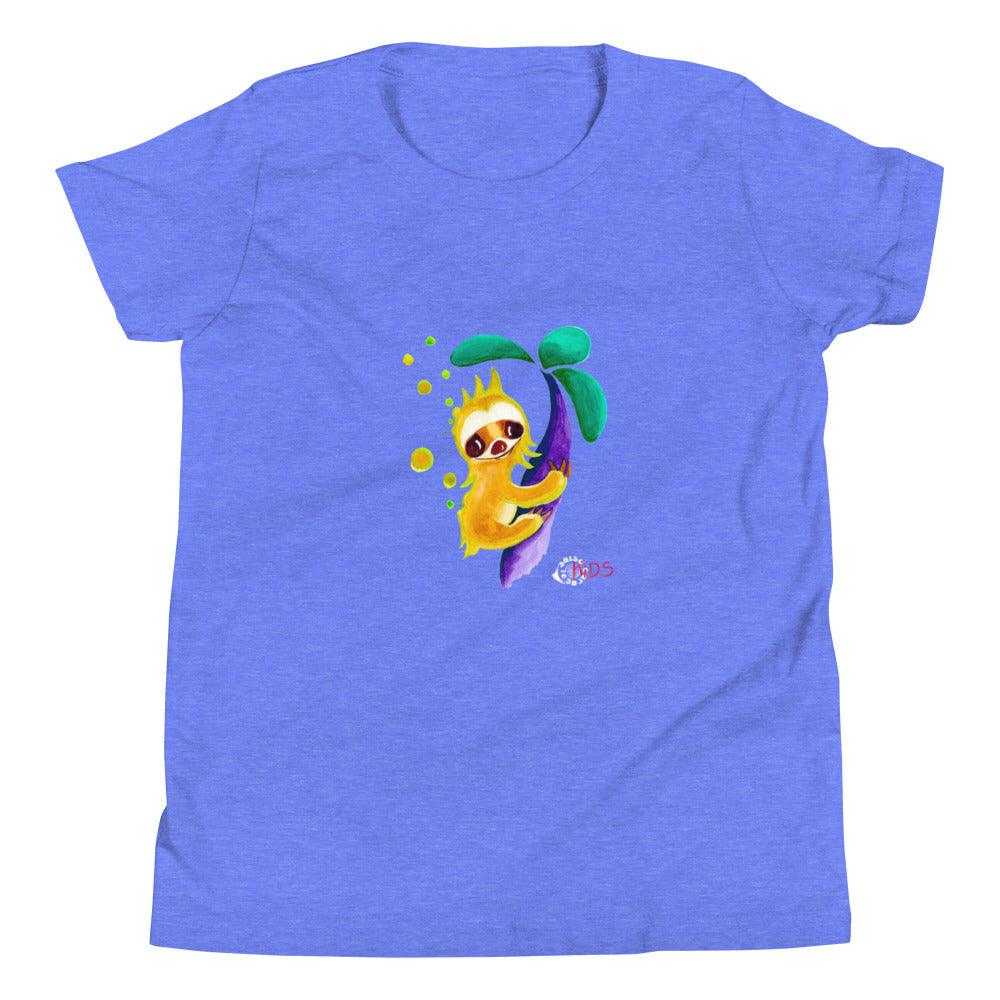 Youth short sleeve T-shirt in heather blue cotton with a colorful cartoon sloth and tropical leaves, SC Kids Collection