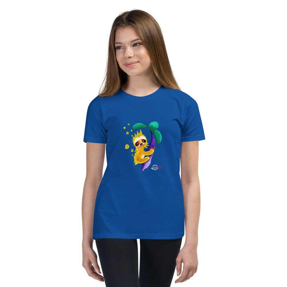 Youth short-sleeve T-shirt from SC Kids Collection in royal blue cotton, featuring a colorful sloth graphic on the chest