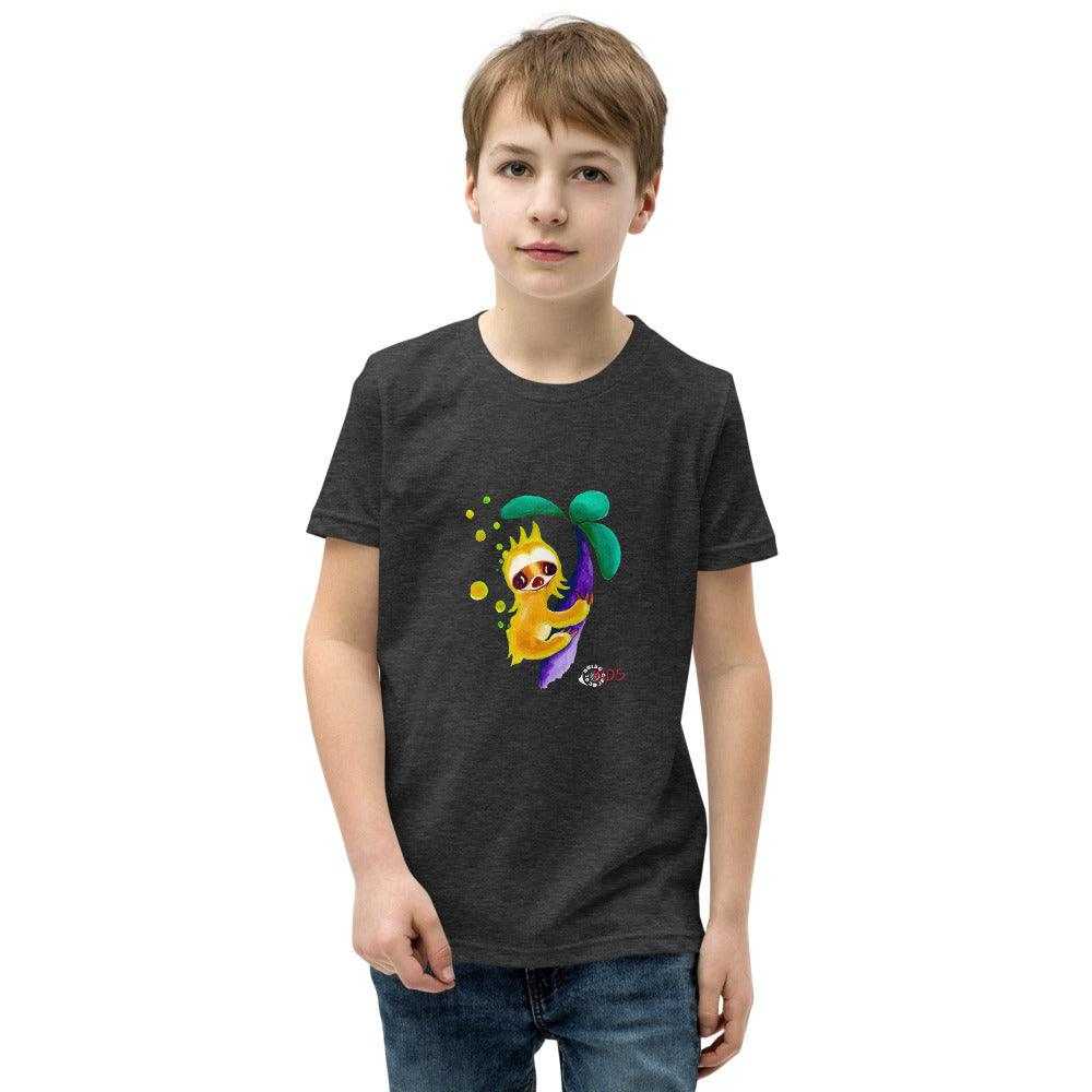 Youth short sleeve T-shirt in charcoal gray cotton with a colorful sloth and tropical leaves graphic, SC Kids Collection