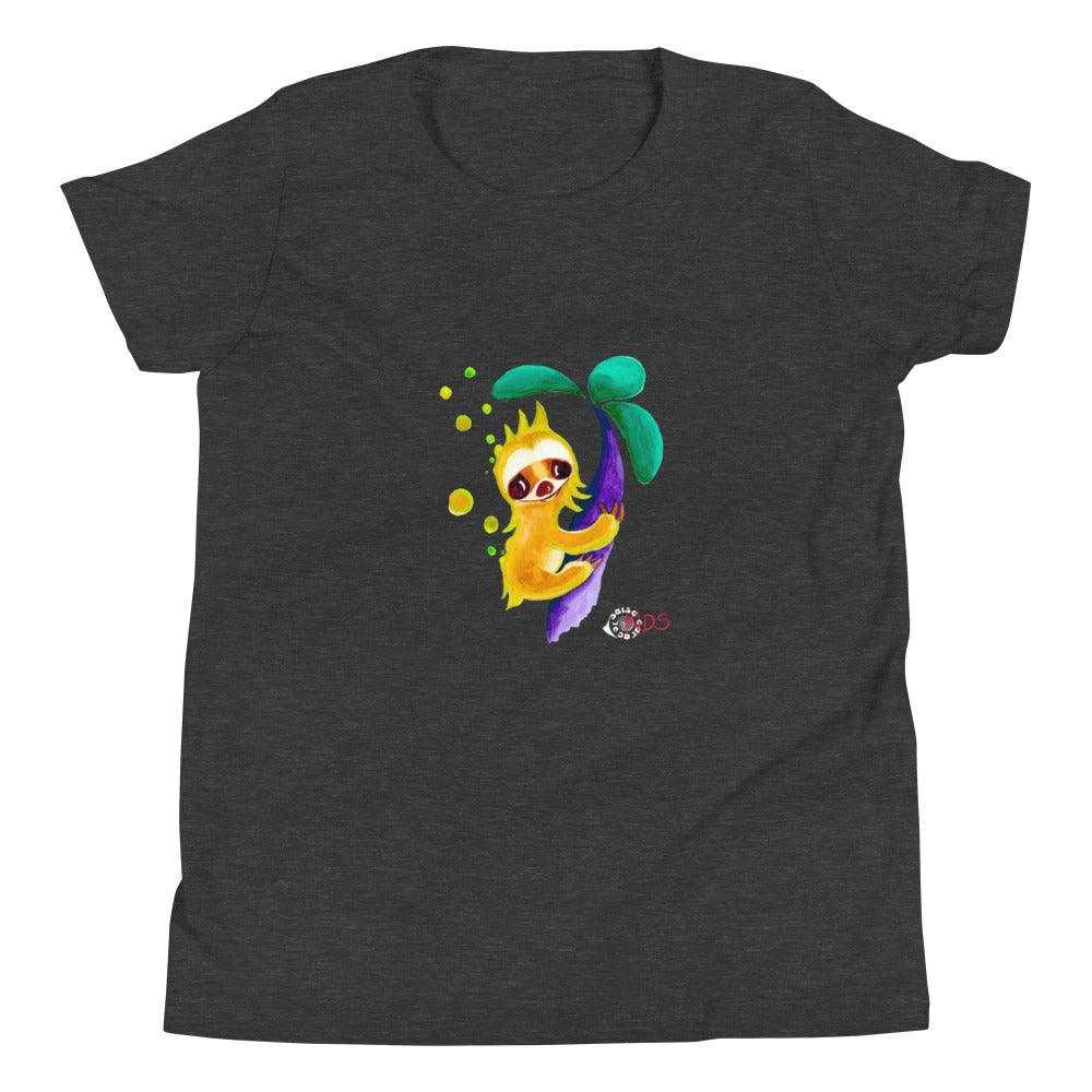 Youth short sleeve T-shirt in charcoal gray cotton with a colorful sloth graphic, from the SC Kids Collection