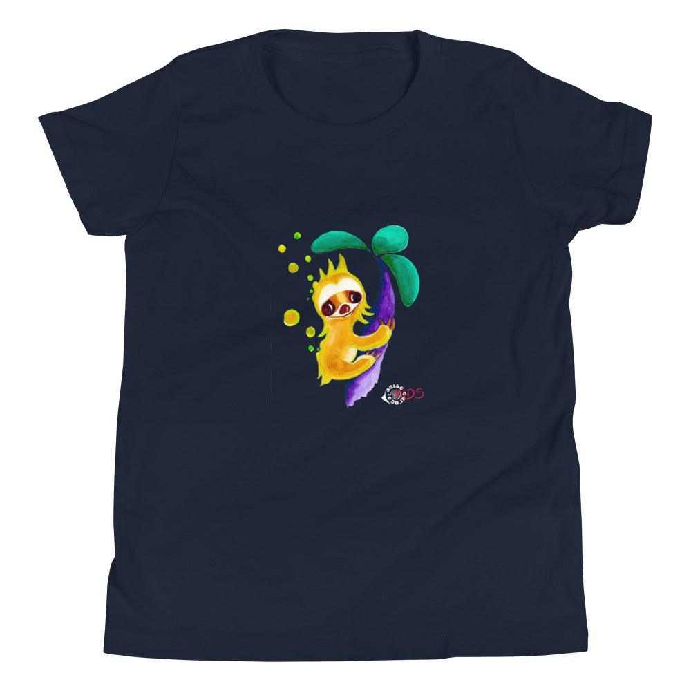 Youth short sleeve T-shirt in navy cotton with a colorful sloth and tropical leaf graphic, SC Kids Collection
