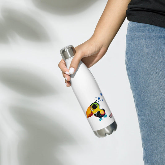 SC Kids Collection stainless steel water bottle in white with a colourful toucan illustration and silver cap and base