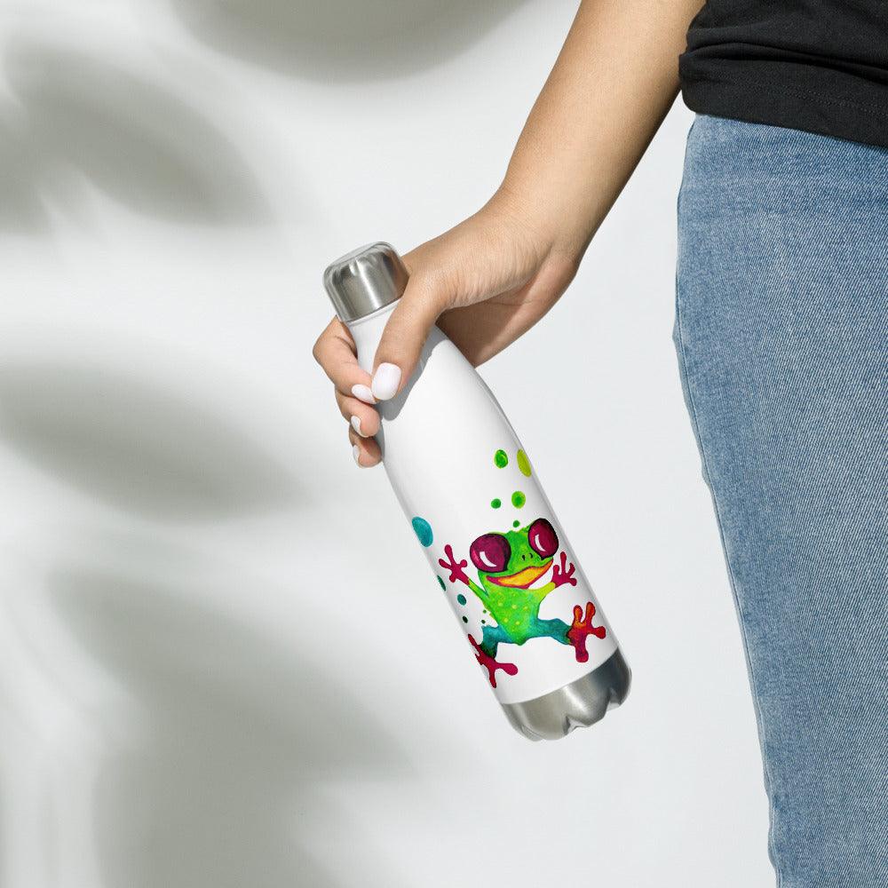 Stainless steel water bottle from SC Kids Collection, white with a colorful jungle frog and green dot pattern