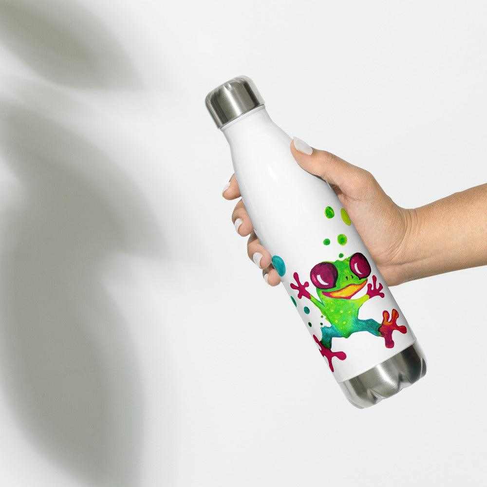 Stainless steel water bottle from SC Kids Collection, white with a colorful green frog illustration and silver cap