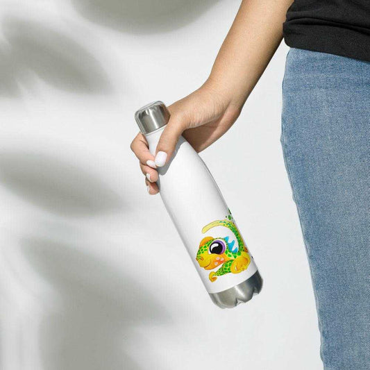 SC Kids Collection stainless steel water bottle in white with a colourful cartoon iguana and silver cap and base