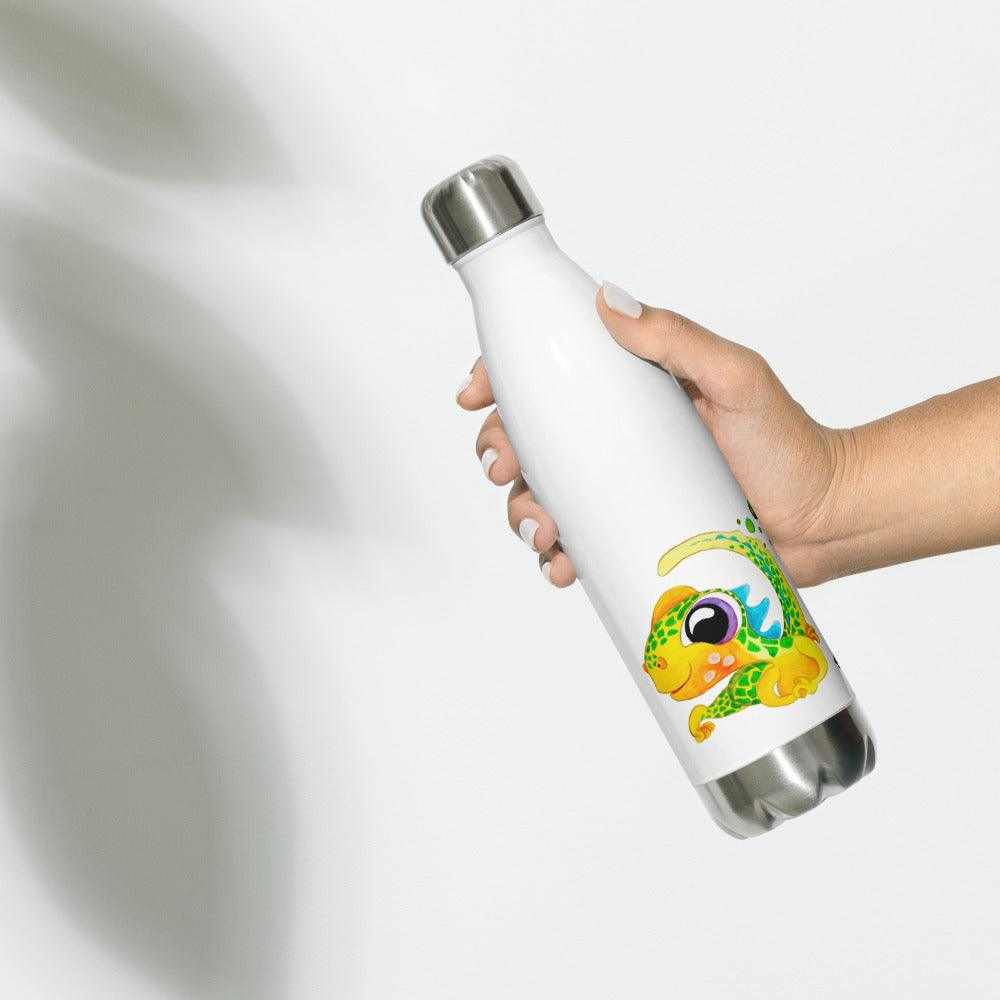 SC Kids Collection stainless steel water bottle in white, with a colourful cartoon iguana print and silver cap