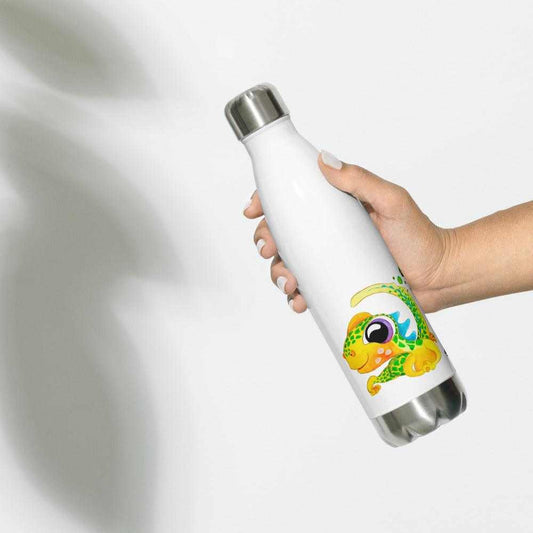 SC Kids Collection stainless steel water bottle in white, with a colourful cartoon iguana print and silver cap