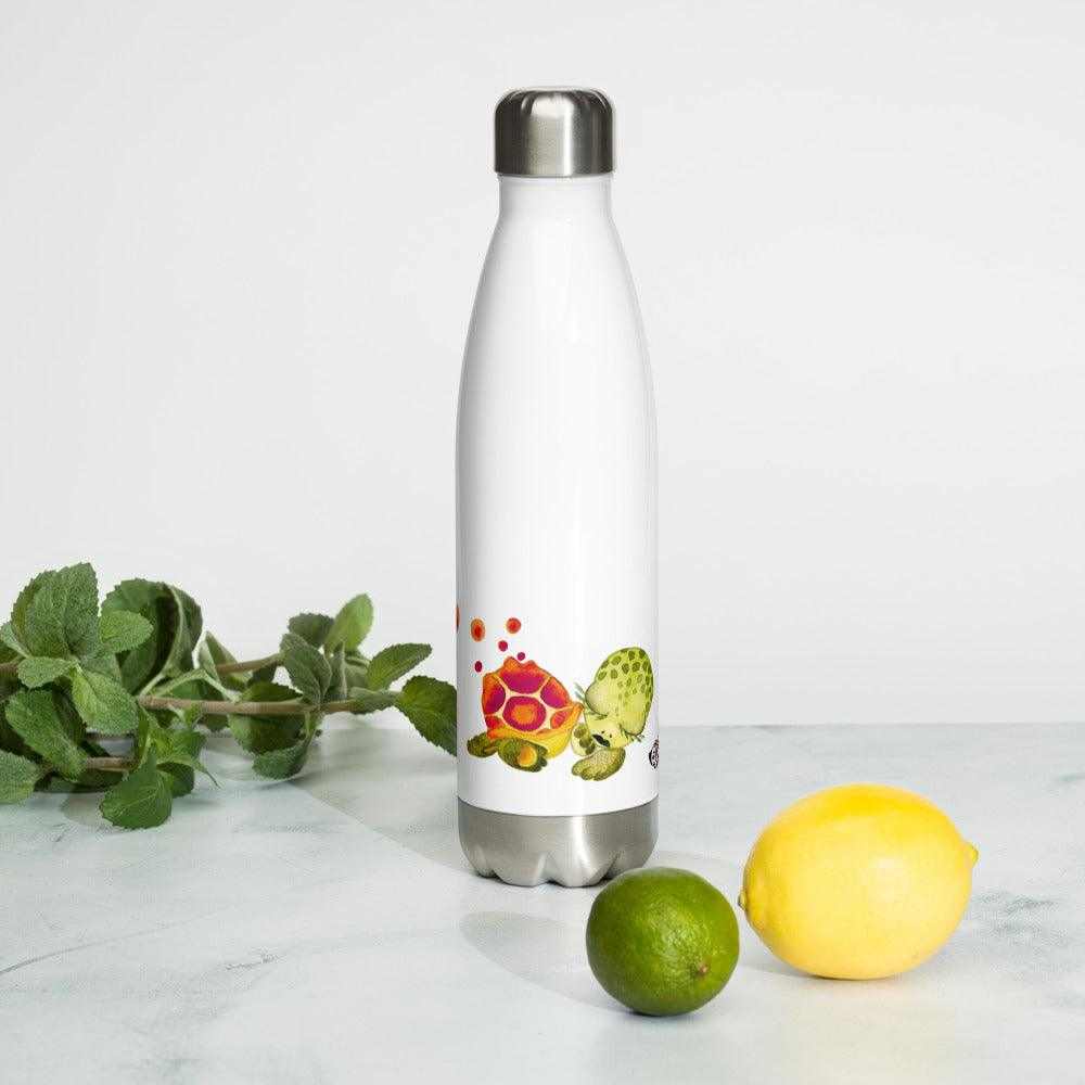 SC Kids Collection stainless steel water bottle in white with a colorful baby turtle illustration and silver cap