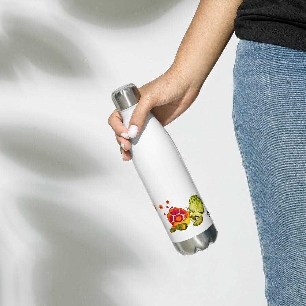 SC Kids Collection stainless steel water bottle in white with colorful cartoon turtle illustrations and silver cap