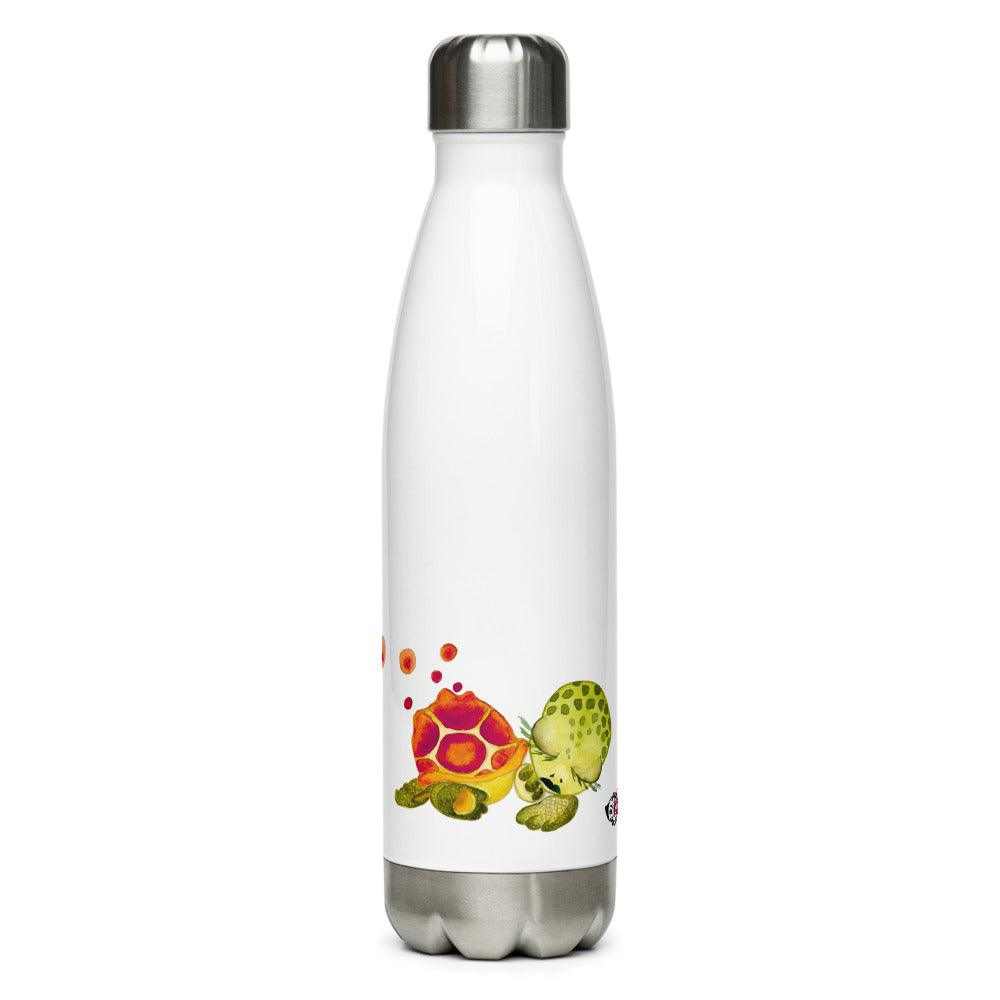 SC Kids Collection stainless steel water bottle in white, with colorful baby turtle illustrations and a silver screw cap